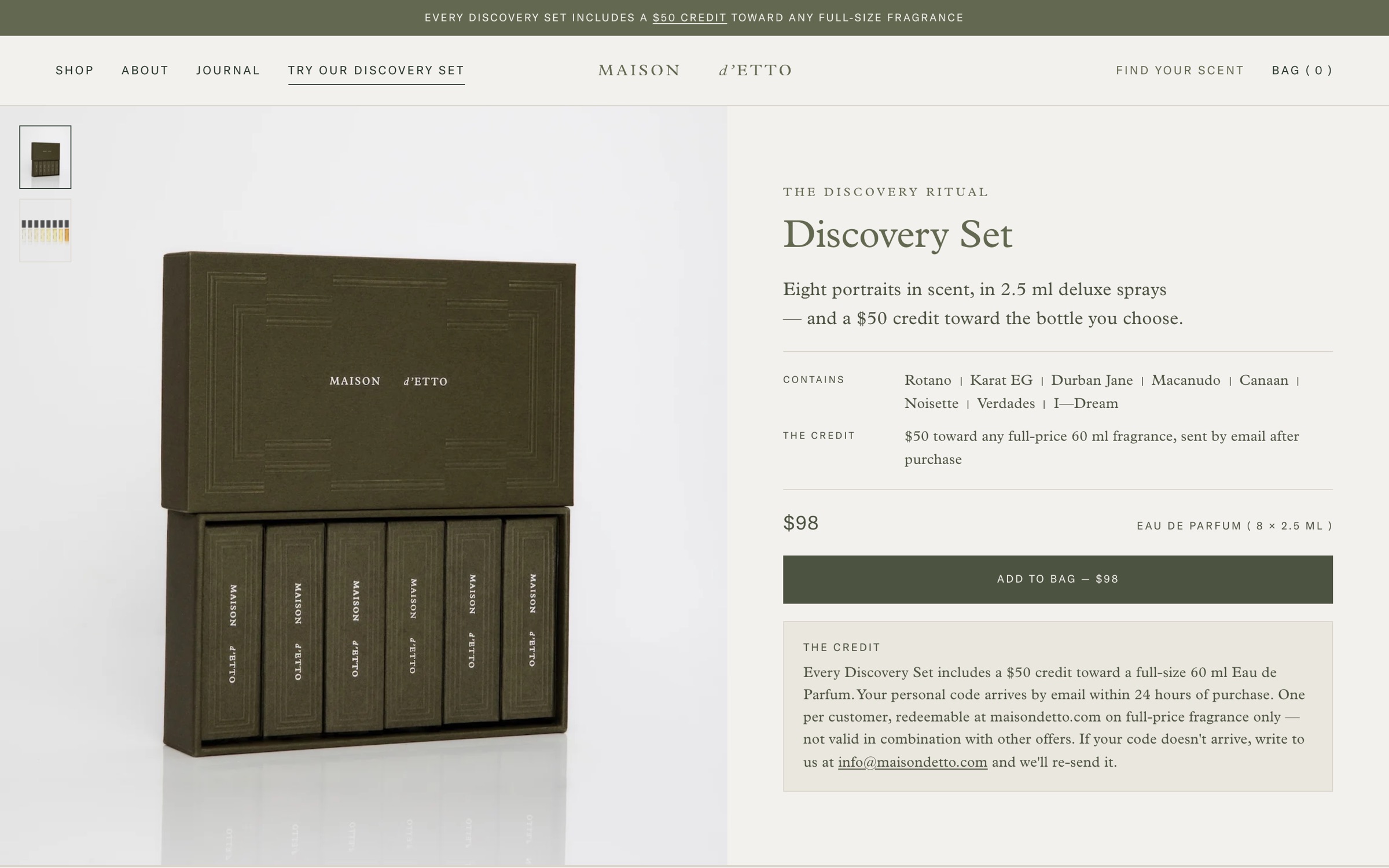 Discovery Set page with Add to Bag and the $50 credit terms in their own panel