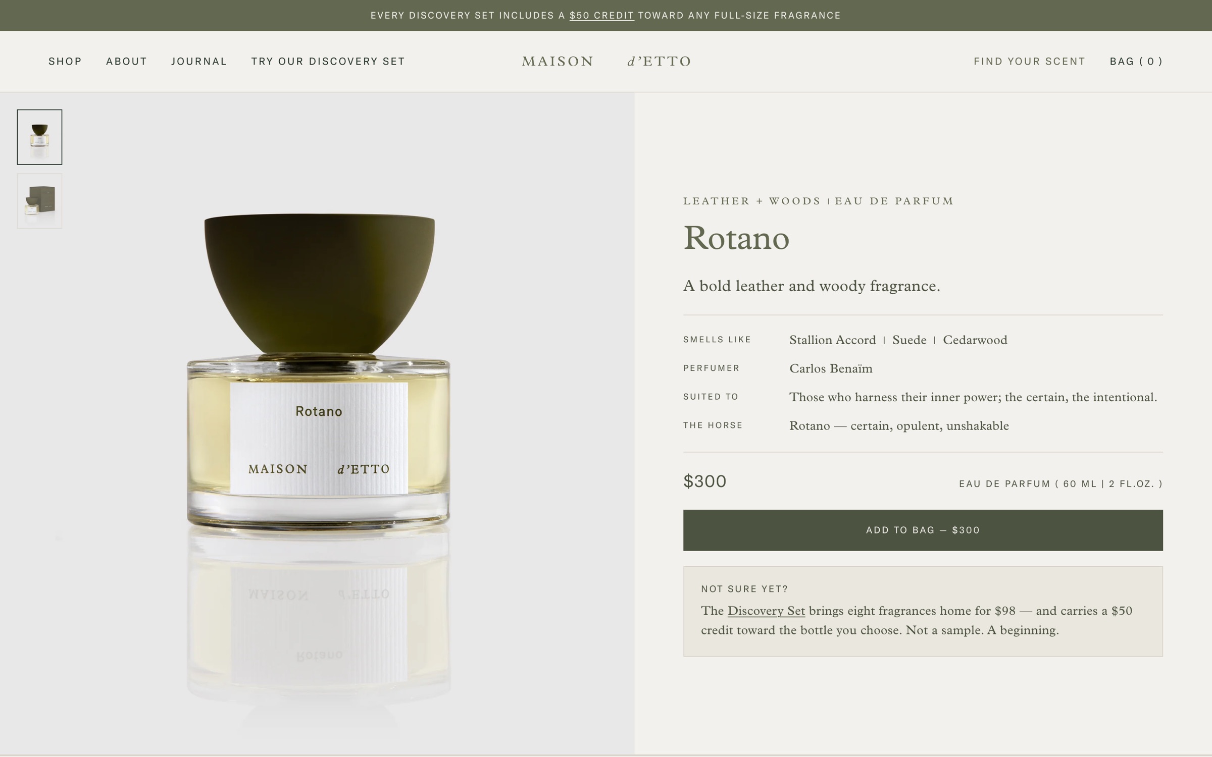Rotano product page with family label, tagline, facts, Add to Bag with price and a Discovery Set offer