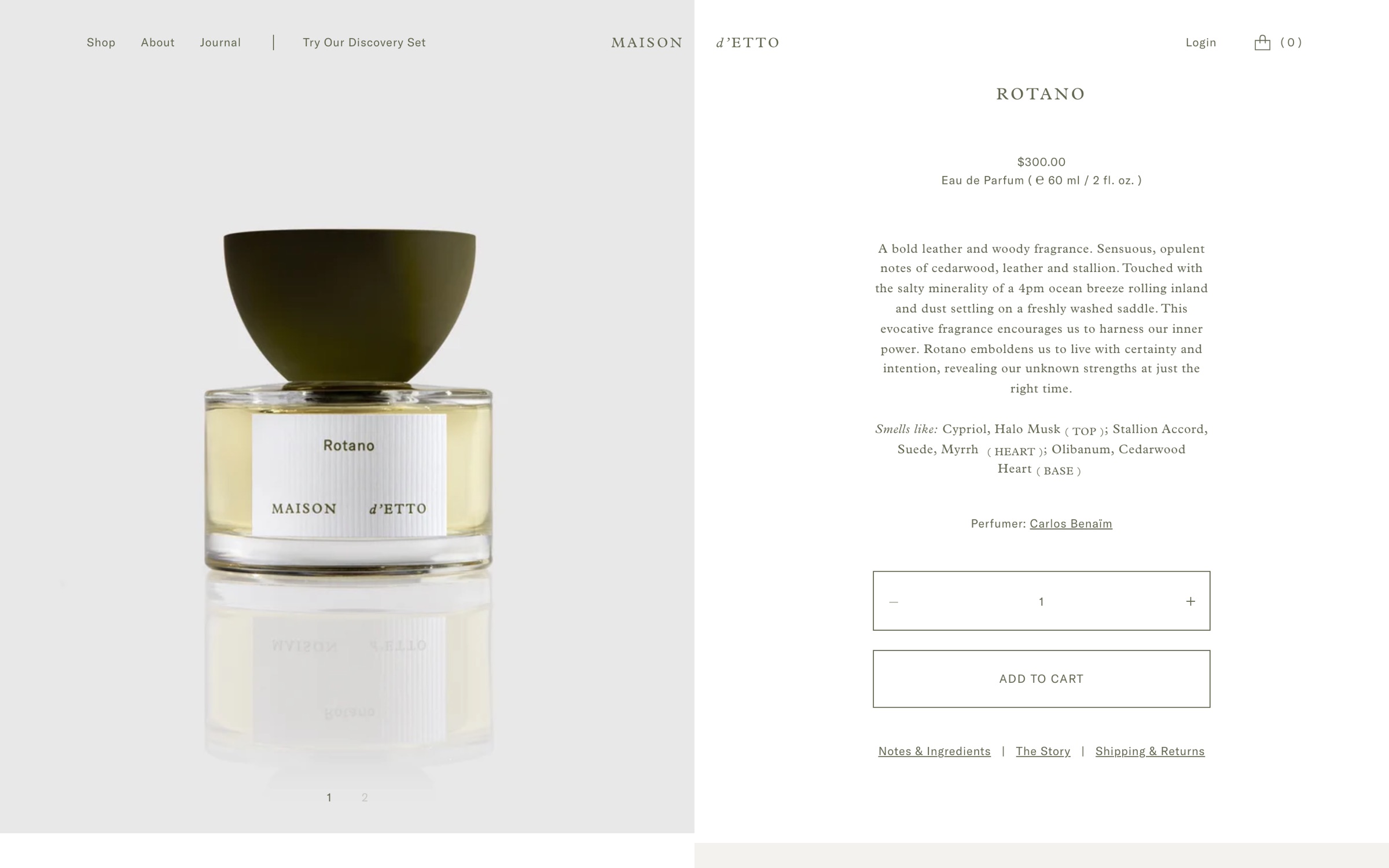 Old Rotano product page: a centred block of description, price and a quantity box