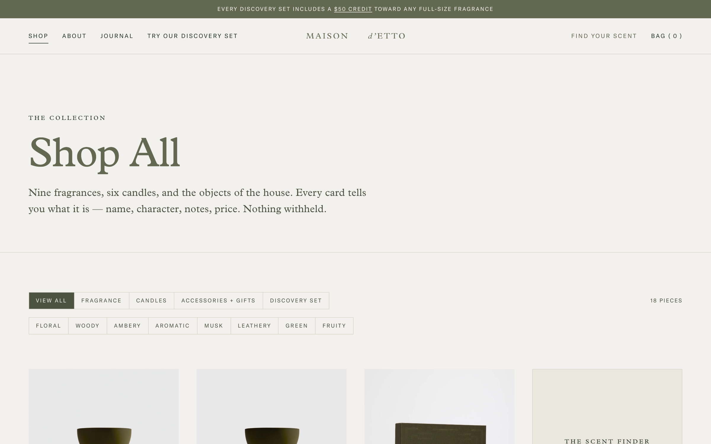 New shop page with a title, introduction and scent-family filters